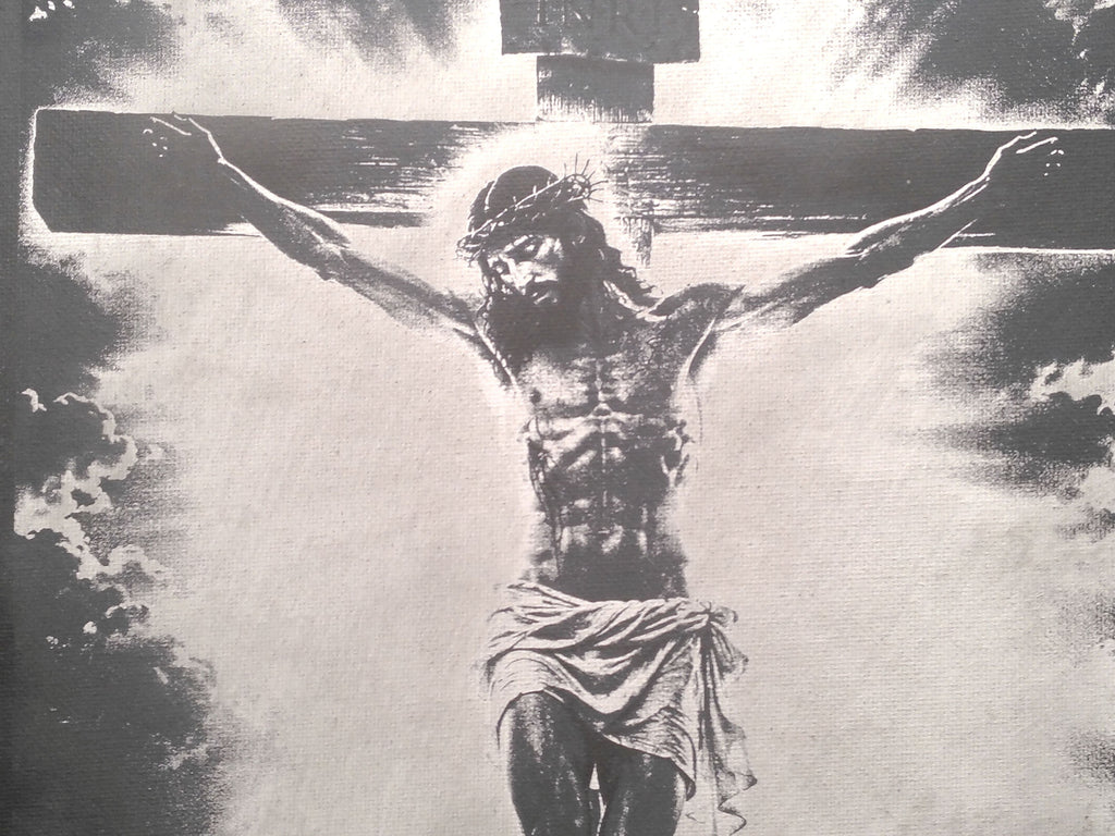 Laser-engraved, spray painted canvas board of Jesus Christ.
