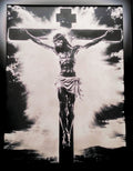 Laser-engraved, spray painted canvas board of Jesus Christ.