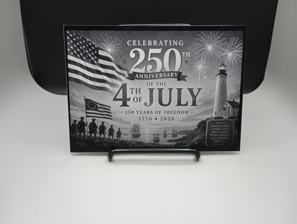 Engraved photo celebrating 250th anniversary of the 4th of July with American flag and lighthouse design.