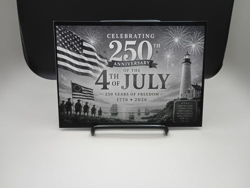 Engraved photo celebrating 250th anniversary of the 4th of July with American flag and lighthouse design.