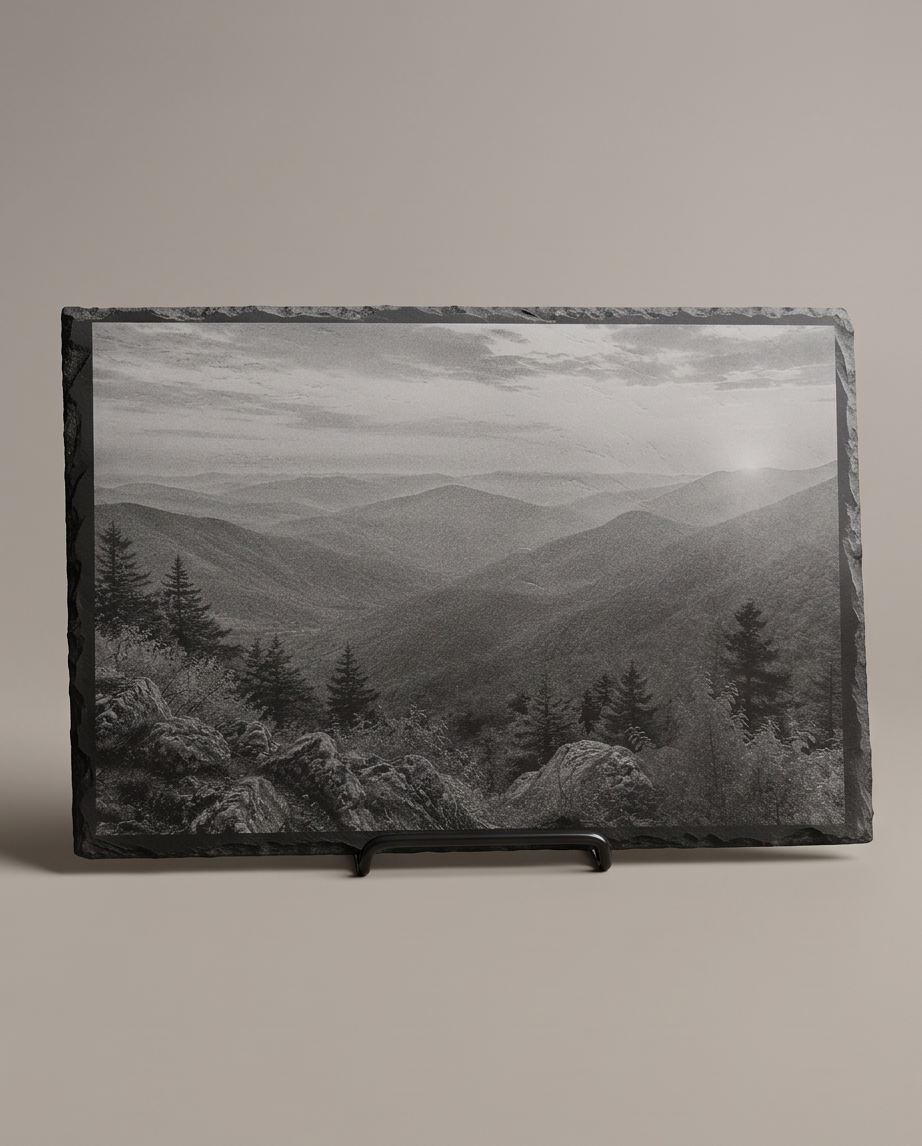 A rectangular black slate plaque featuring a black and white landscape photograph of misty mountain ranges and pine trees, displayed on a small black stand against a neutral beige background.