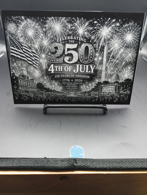 Promotional poster celebrating the 250th anniversary of the United States' independence with fireworks and American flags.