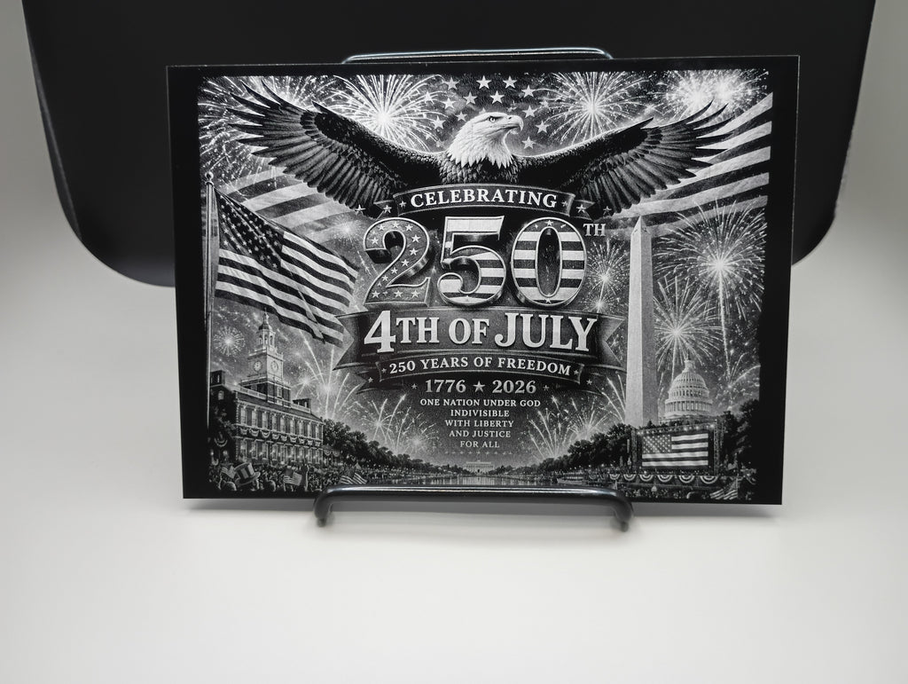 Decorative box celebrating the 250th anniversary of the 4th of July with an eagle, American flag, and fireworks.