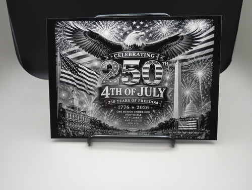 Decorative box celebrating the 250th anniversary of the 4th of July with an eagle, American flag, and fireworks.