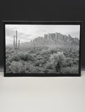 Framed black and white landscape print of a desert scene with cacti and mountains.