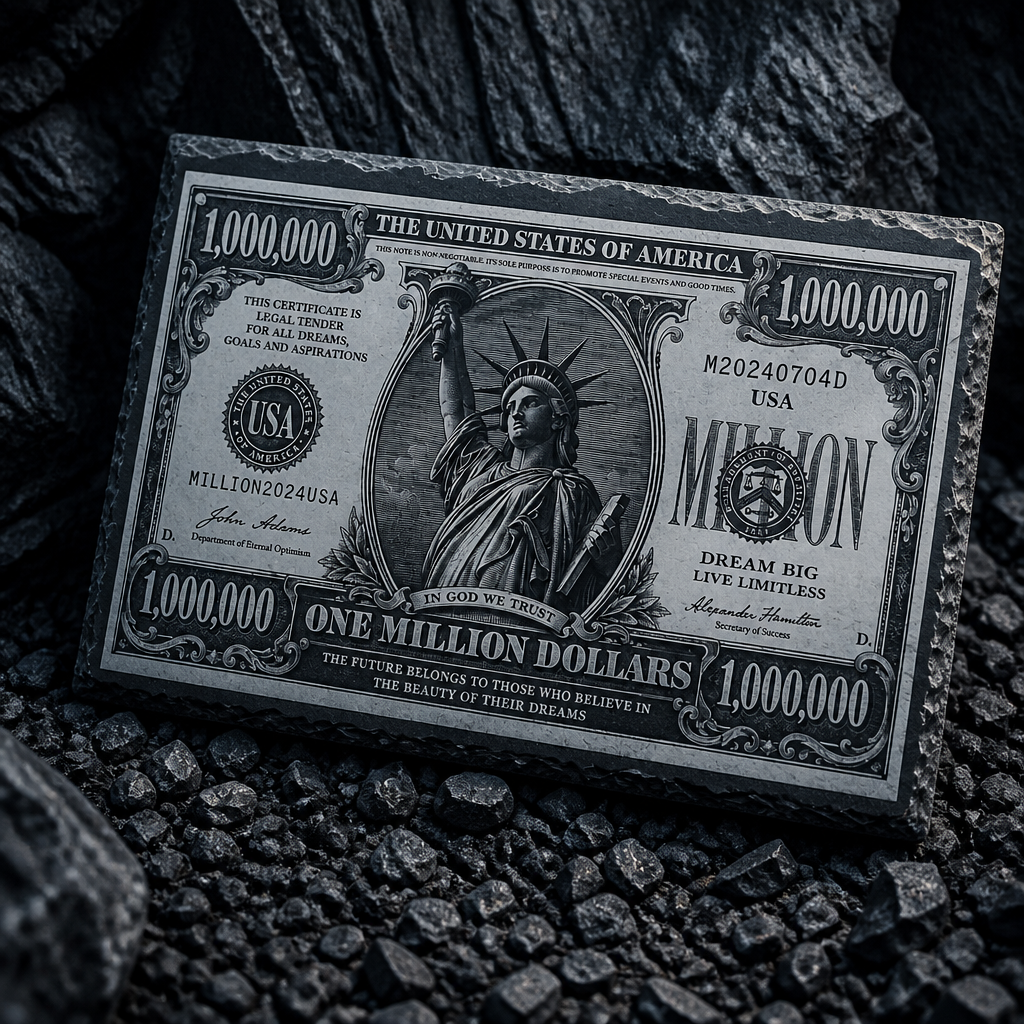 A novelty replica of a one million dollar US bill, styled as a stone slab, resting on a bed of dark, textured gravel.