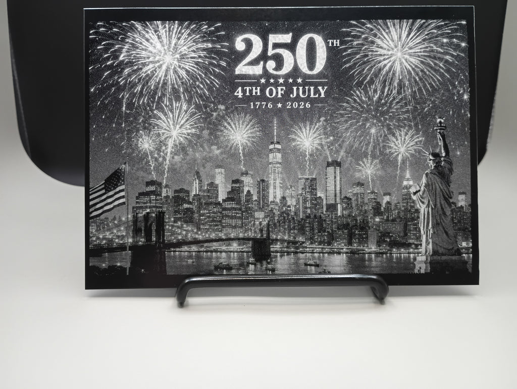 Decorative plaque with fireworks and cityscape design celebrating the 250th anniversary of the 4th of July.