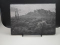 Desert landscape with cacti and mountains on a slate stone