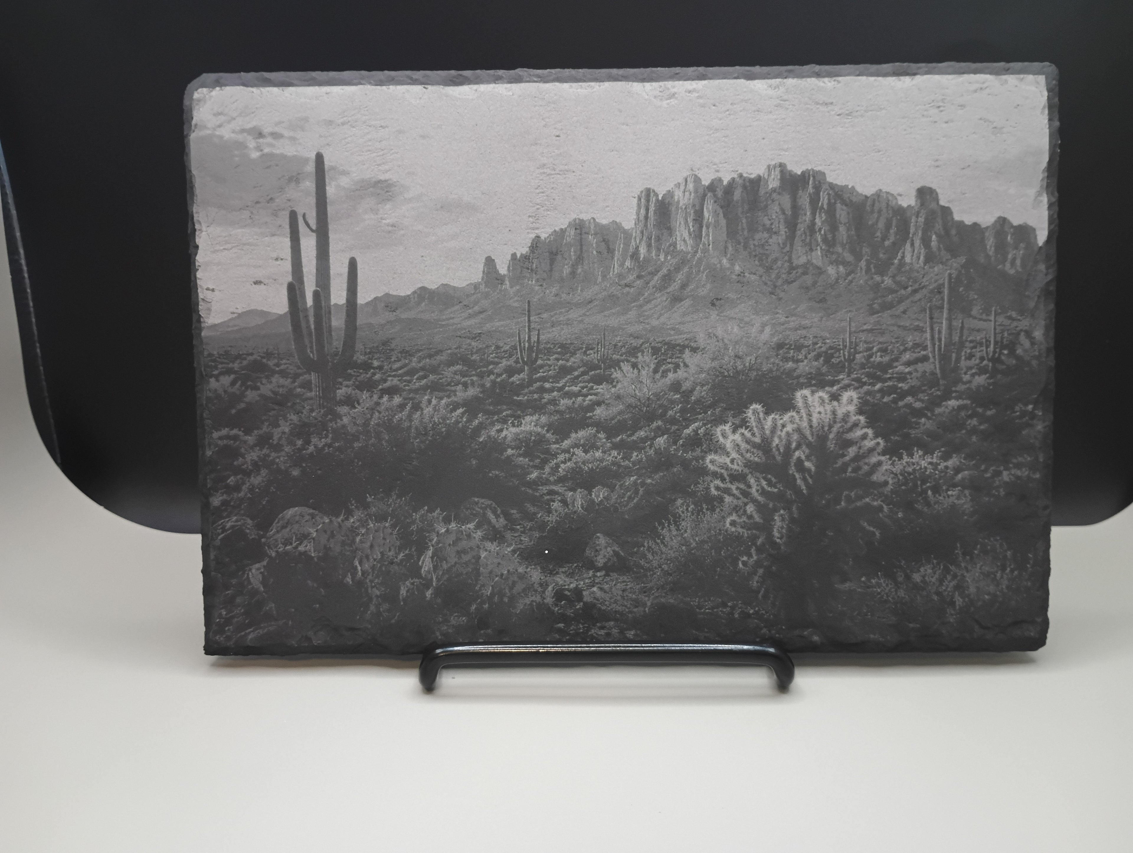 Desert landscape with cacti and mountains on a slate stone